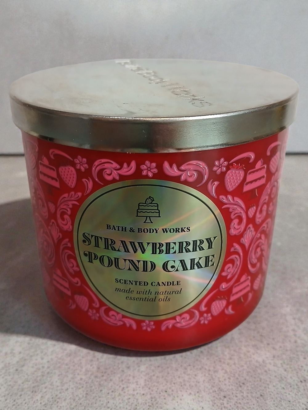 Bath & Body Works Strawberry Pound Cake Scented Candle - Red with Silver Lid